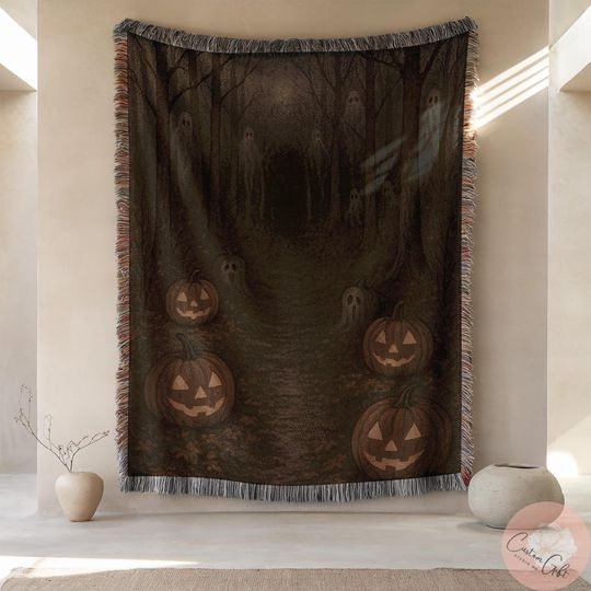 Discover Halloween Ghosts and Pumpkins Woven Blanket, Spooky Haunted Forest Throw, Cozy Autumn Ghost Blanket, Gothic Halloween Fall Season Decor
