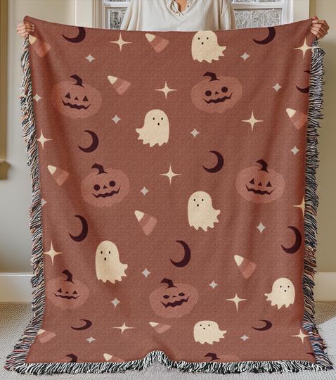 kawaii halloween woven blanket, orange throw blanket, cute ghosts goth occult creepy woven wall decor, jack o lantern pumpkin throw blanket