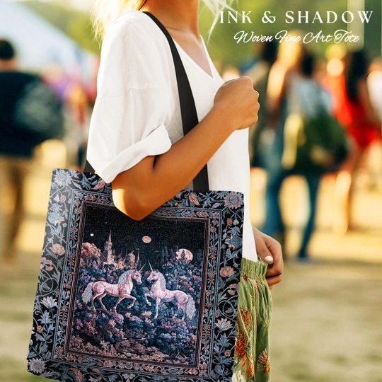 Moody Moonlit Unicorn Woven Tote | Elegant Medieval Florals Lavender Purple Whimsical Folklore Woven Tapestry Bag Fairytale Witchy Style |