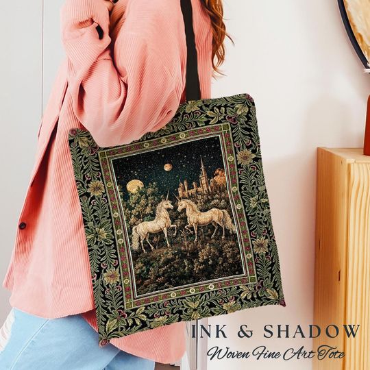 Discover Dreamy Castle Landscape Unicorn Bag | Whimsical Elegance Magical Storybook Aesthetic Fairytale Landscape Tapestry Tote Enchanted Style |