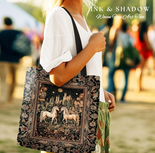 Discover Royal Aesthetic Woven Unicorn Tote | Fairycore Tapestry Bag Rustic Fairytale Gothic Whimsical Florals Storybook Blanket Whimsical Ethereal |