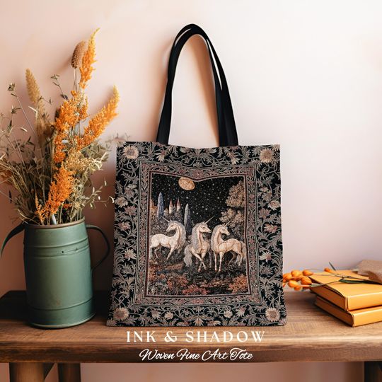 Medieval Ethereal Unicorn Tapestry Bag | Goblincore Aesthetic Woven Tote Ornate Vintage Gothic Baroque Florals Magical Wonders Fairytale