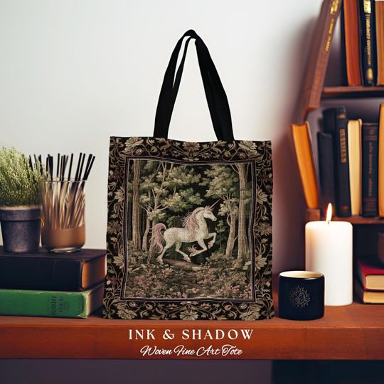 Medieval Unicorn Tapestry Tote Bag Dark Woodland Aesthetic | Enchanted Forest Accessory Whimsical Cottagecore Fantasy Art Mystic Forestcore