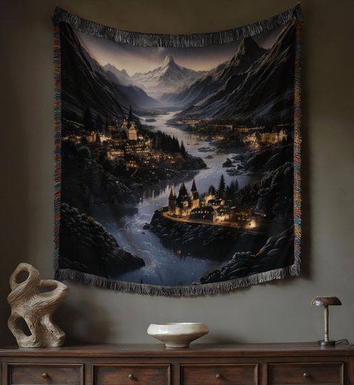 Discover Night Fantasy Woven Blanket: Literary Inspired Tapestry With a Castle, Night Sky, and Village, Bookish Romantasy   Couch Throw