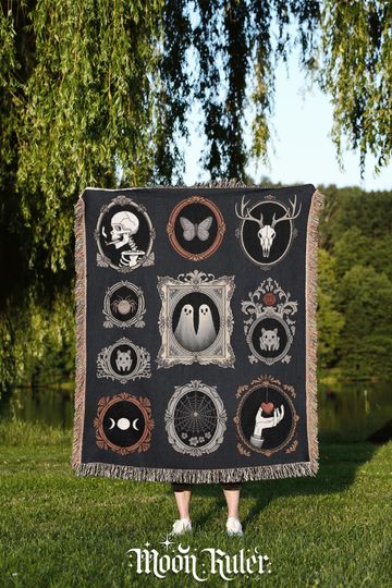 Discover Gothic Gallery Woven Blanket Witchcore Gothic Woven Throw Skull Bat Spooky Wall Decor Gift For Witchy Friend Tapestry Blanket Occult Frame