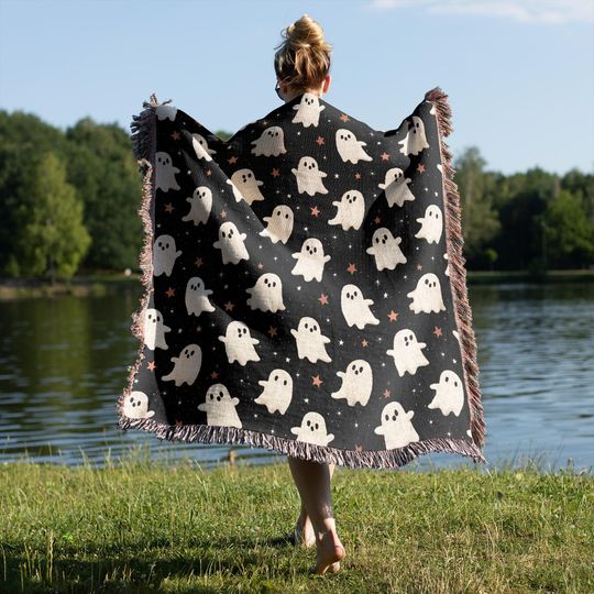 Discover Spooky Cute Ghost Throw Blanket with Fringe Edges  Halloween Woven Blanket for Couch or Bed, Cozy Fall Ghost Decor for Home and Gifting