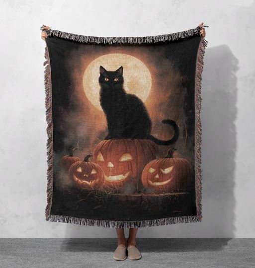 Discover Halloween Black Cat Woven Blanket  , Jack O Lantern Throw Blanket, Spooky Cat Lover Gift Tapestry Blanket, Witchy Friend