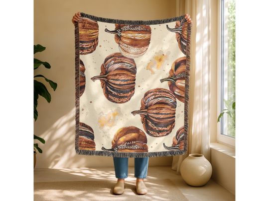 Fall Pumpkin Woven Blanket | Cozy Autumn Throw Blanket | Whimsical Watercolor Pumpkins | Rustic Farmhouse Fall Decor | Halloween Throw
