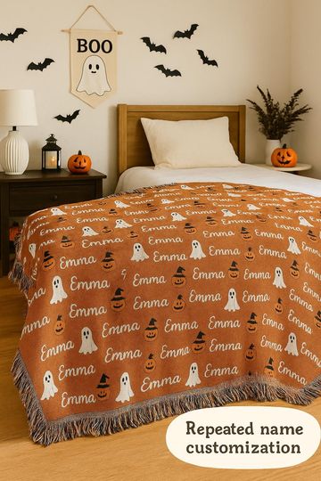 Customized Name Halloween Woven Blanket, Ghost Woven Blanket, Custom Fall Woven Throw Blanket, Spooky Season Blanket, Pumpkin Woven Blanket