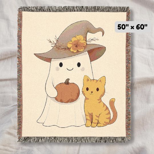 Discover Ghost Cat Woven Blanket: Halloween Tapestry Throw, Fall Decor