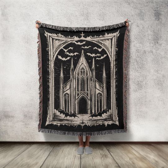 Discover Gothic Cathedral Woven Blanket: Spooky Halloween Tapestry Throw