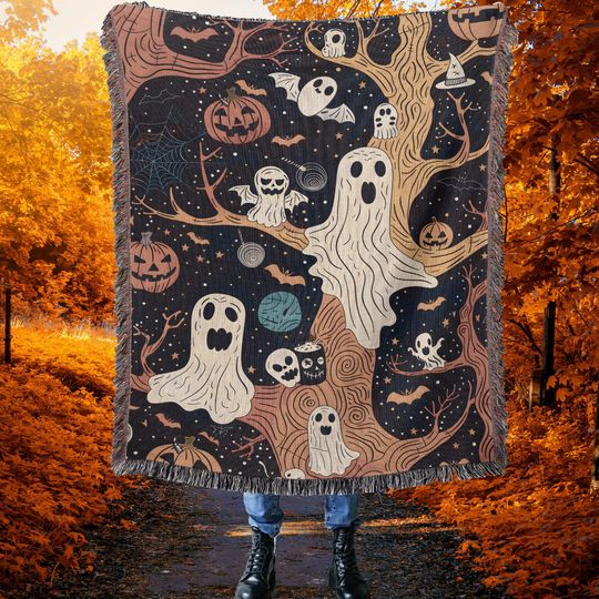 Vintage Halloween Woven Throw Blanket: Ghost, Pumpkin, Cottagecore Decor