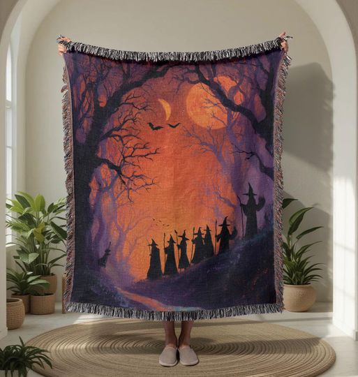 Discover Halloween 100% Cotton Woven Blanket, Witch Silhouette Woven Blanket, Spooky Forest Woven Blanket, Autumn Night Woven Blanket, Halloween.