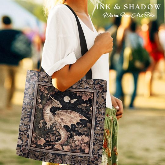 Discover Ethereal Dragon Tapestry Tote Antique Mystical Moonlit Forest Fairytale Decor | Enchanted Fairycore Celestial Night Art Fantasy Woven Bag |