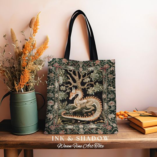 Discover Medieval Dragon Tote Enchanted Forest Fantasy Art Accessory, Victorian Gothic Cottagecore Tapestry Bag Whimsical Mythical Woodland Accent