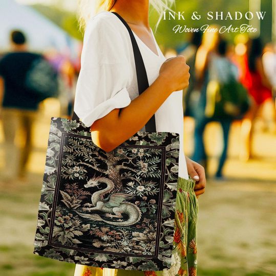 Mystical Fantasy Dragon Tapestry Tote Enchanting Dark Nature | Ancient Aesthetic Chinese Dragon Art Ethereal Woodland Gothic Forestcore Bag