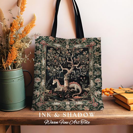 Discover Maximalist Aesthetic Dragon Tote Fairytale Inspired Accessories, Medieval Cottagecore Style Botanical Tapestry Bag Whimsical Fairycore Art