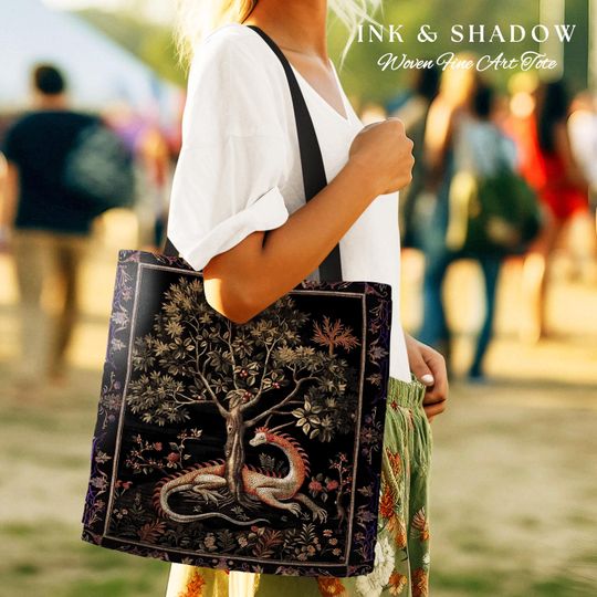 Discover Goblincore Dragon Tapestry Tote Medieval Fairytale Inspired Woodland Accessory, Morris Style Forest Cottagecore Fairycore Woven Gothic Bag