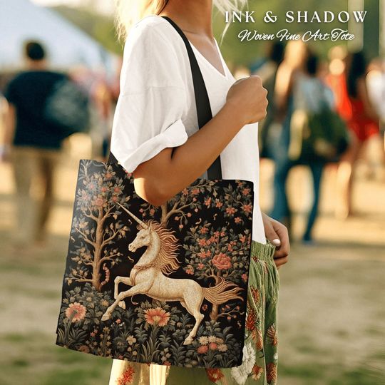 Discover Mystic Unicorn Tapestry Tote | Gift for Unicorn Lover Dark Cottagecore Dark Floral Satchel Fairy Core Bookbag Pastel Fairycore Shoulderbag |