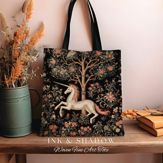 Medieval Aesthetic Bag | Gift for Unicorn Lover Dark Cottagecore Dark Floral Satchel Fairy Core Bookbag Pastel Fairycore Tapestry Tote