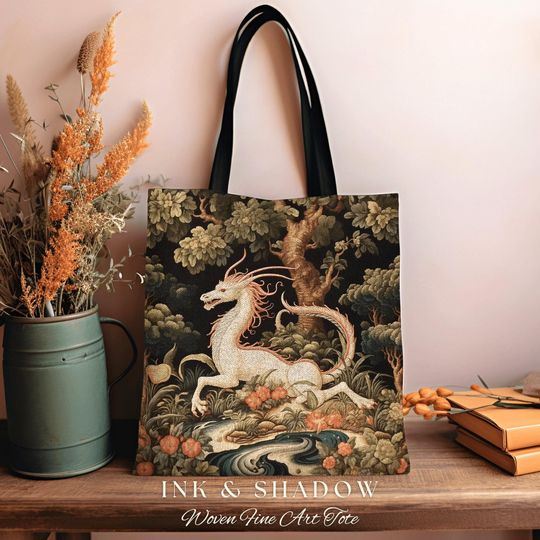 Discover Folklore Dragon Tapestry Tote | Gift for Dragon Lover Dark Cottagecore Satchel Fairy Core Bookbag Pastel Fairycore Tote Medieval Fantasy Bag