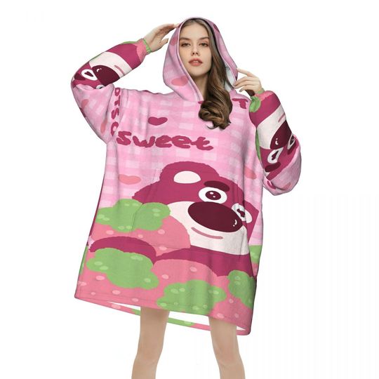 Lotso Pink Bear Blanket Hoodie, Cartoon Blanket Hoodie, Gift For Christmas, Birthday