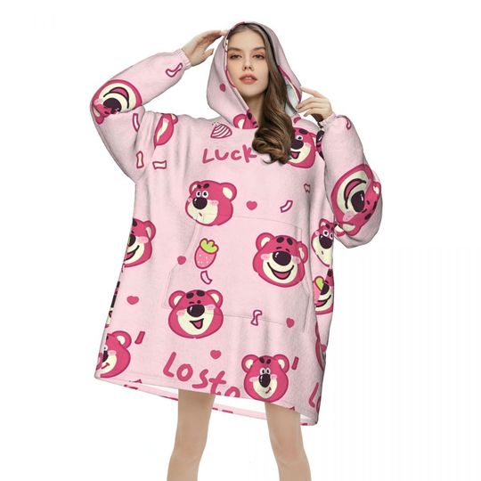Lotso Pink Bear Wearable Blanket Hoodie for Women Men Oversized Sweatshirt Blanket