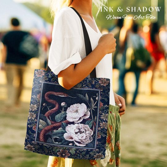 Discover Moody Dark Botanical Serpent Enchanted Floral Tapestry Tote Exotic Gothic Bag | Ethereal Woodland Snake Victorian Art Nouveau Accessories