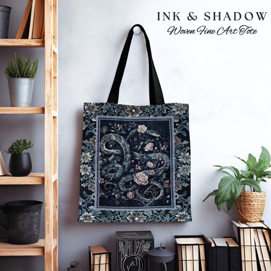 Discover Midnight Blue Dark Floral Serpent Tote Whimsical Vintage Botanical Snake Tapestry Bag, Victorian Gothic Mystic Macabre Enchanted Forestcore