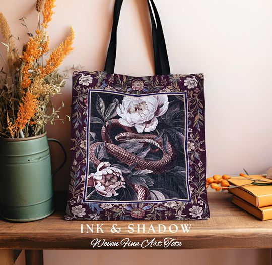 Discover Whimsigothic Dark Floral Serpent Tapestry Tote Enchanted Forest Whimsical Purple Botanical Bag Mystical Witchy Cottagecore Vintage Snake Art