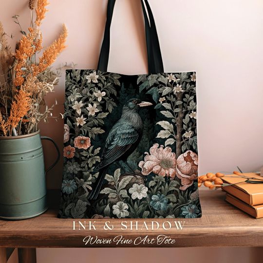 Discover Jungle Crow Woven Tapestry Tote | Goth Tote William Morris Inspired Raven Tote Bag Crow Core Satchel Maximalist Tapestry Tote Dark Botanical