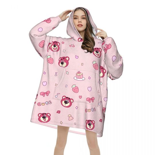 Lotso Pink Bear Wearable Blanket Hoodie for Women and Men Oversized Sweatshirt with Pocket