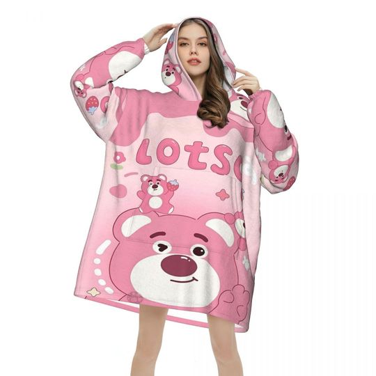 Lotso Pink Bear Wearable Blanket Hoodie for Women and Men Oversized Sweatshirt with Pocket
