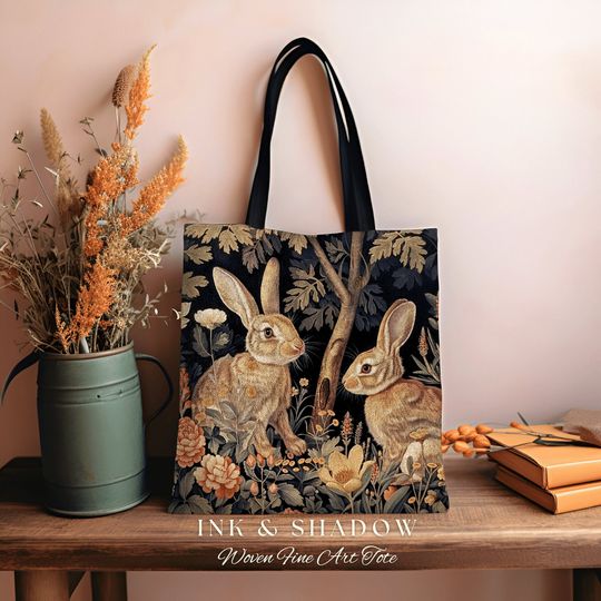 Discover Forest Aesthetic Rabbit Bag | Boho Satchel Folk Art Woven Tapestry Bag William Morris Dark Botanical Aesthetic Spring Gothic Medieval