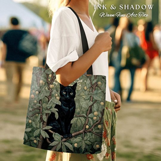 Discover Gothic Everyday Bag Back Cat | Dark Academia William Morris Inspired Tote Bag Dark Academia Cat Lover Tapestry Bag Woven Victorian Cat Tote