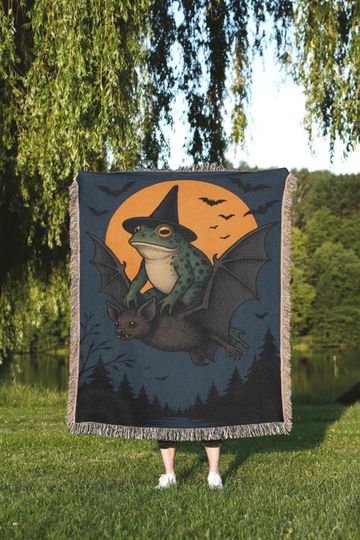 Discover Halloween Witch Frog Blanket  Spooky Toad Riding Bat Funny Tapestry Throw with Full Moon & Gothic Forest Decor