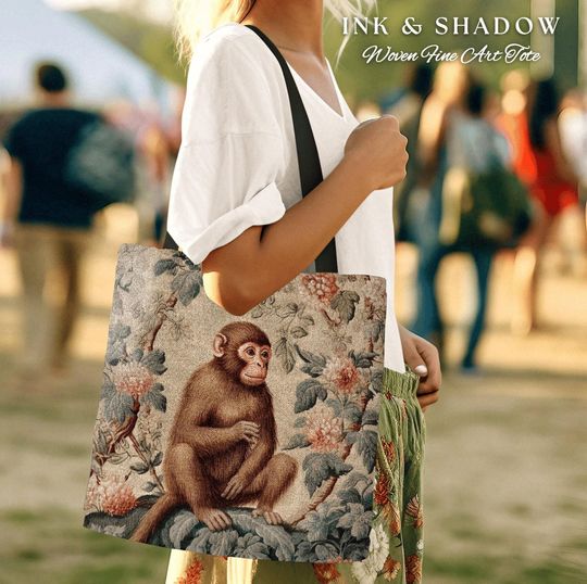 Discover Grunge Fairycore Monkey Tote Woven Victorian Gothic Floral Tapestry Tote Vintage Aesthetic Botanical Monkey Bag Soft Cottagecore Gifts