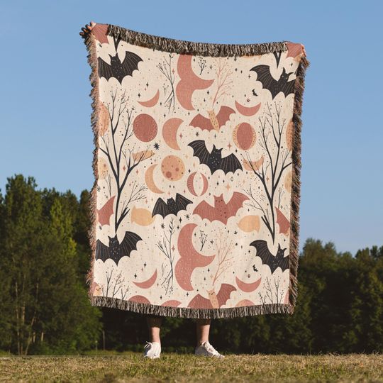 Halloween Blanket Woven Throw, Spooky Bats and Moon Phases, Fall Witchy Decor, Celestial Autumn Cozy Blanket