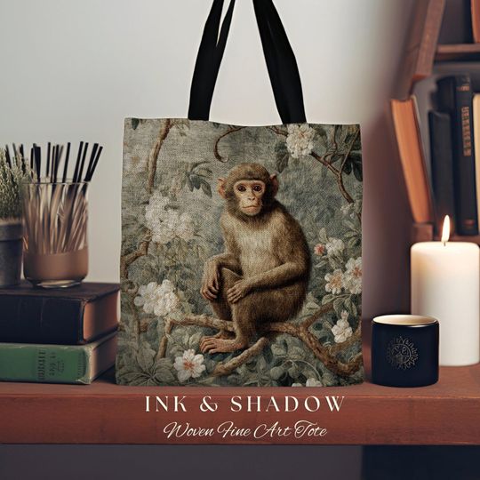Discover Rustic Floral Monkey Tote Bag Vintage Aesthetic Animal Lover Morris Tote Boho Light Goth Victorian Monkey Botanical Tapestry Cottgecore Bag