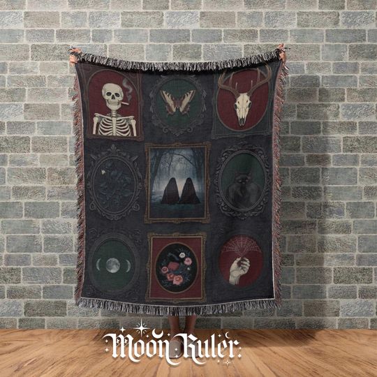 Discover Haunted Gothic Woven Blanket Gothic Woven Throw Ghosts, Skull Spooky Whimsigoth Oddities Dark Academia Decor Witchcore Decor Floral Frames
