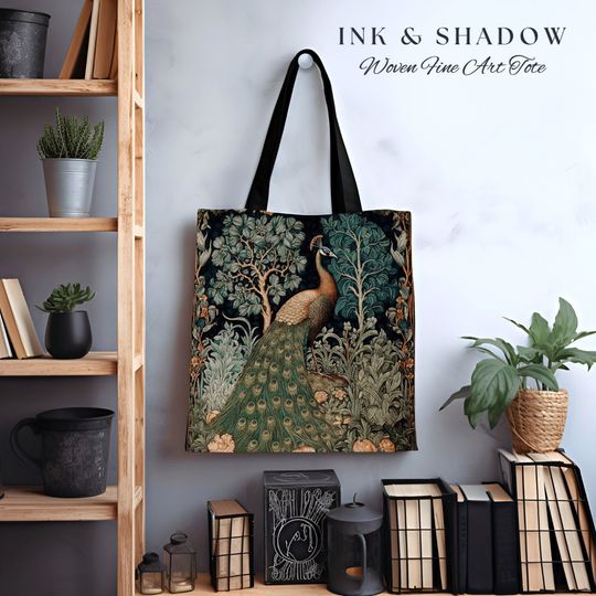Discover Medieval Peacock Whimsical Tote | William Morris Inspired Tote Bag Forestcore Satchel Maximalist Tapestry Tote Botanical Fairy Grunge Tote |