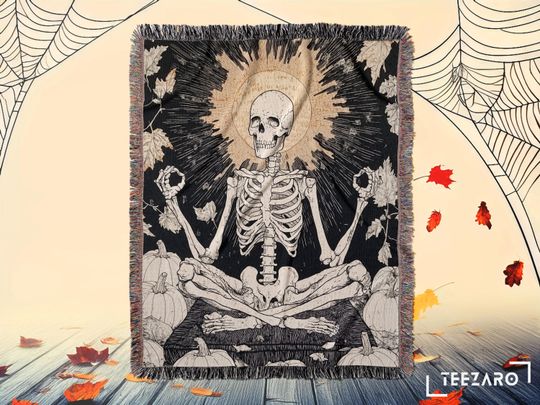 Skeleton Yoga Woven Blanket: Gothic Halloween  Tapestry Throw