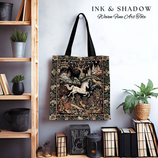 Discover Fairytale Unicorn Tapestry Tote Mystical Folklore Aesthetic Whimsical Forestcore Accessory, Fairycore Cottagecore Magic Woodland Woven Bag