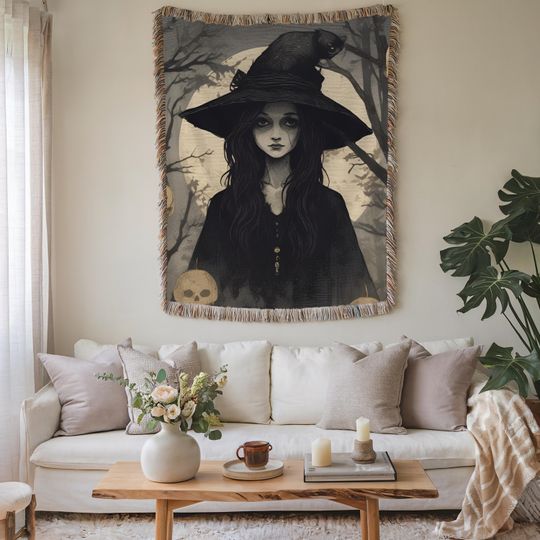 Discover Mystical Witch Woven Blanket | Cozy Throw, Halloween Decor, Gift for Witch Lovers, Spooky Home Accent, Festival Blanket