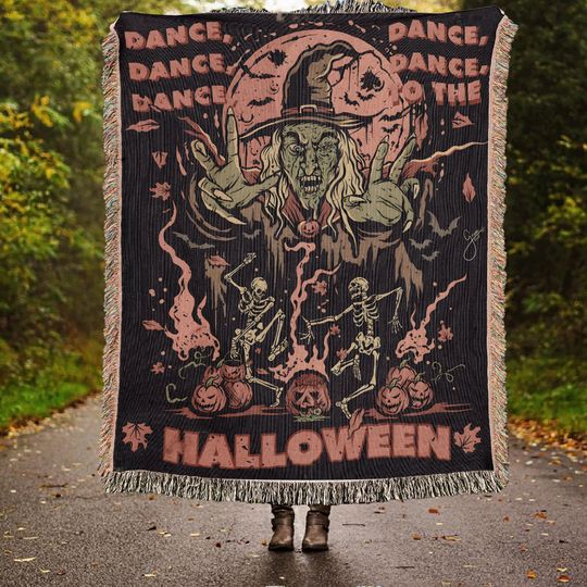 Discover Witch & Dancing Skull Halloween Woven Throw Blanket: Dark Academia Decor