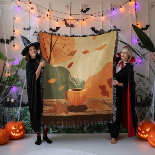 Discover Woven Blanket Halloween Autumn Coffee Fall Leaves Seasonal Decor Thanksgivings Holidays Beverage Cozy Home Woven  Jacquard Sofa Bed