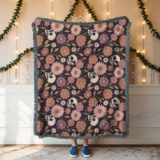 skulls florals woven blanket Halloween decoration blanket autumn florals Halloween home decor blanket cute halloween blanket autumn throw