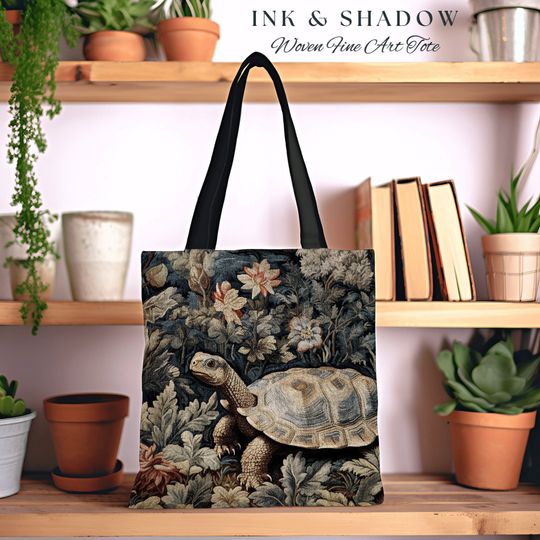 Discover Light Gothic Soft Cottagecore Tortoise Tote Bag Vintage Aesthetic Victorian Goth Turtle Tapestry Bag Woven Goblinecore Moody Botanical Bag