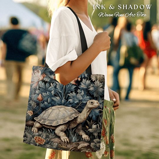 Discover Moody Botanical Woven Tortoise Tote Bag Vintage Aesthetic Botanical William Morris Inspired Turtle Cottagecore Tapestry Tote Gobincore Bag