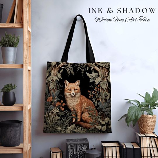 Discover Fox Woodland Gothic Tote | Dark Academia William Morris Inspired Shoulderbag Aesthetic Medieval Woven Tapestry Bag Botanical Forest Spirit
